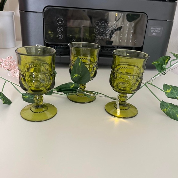 3 Green Glass Goblet Cups / Candle Holders / Trinket Glasses - Picture 2 of 3